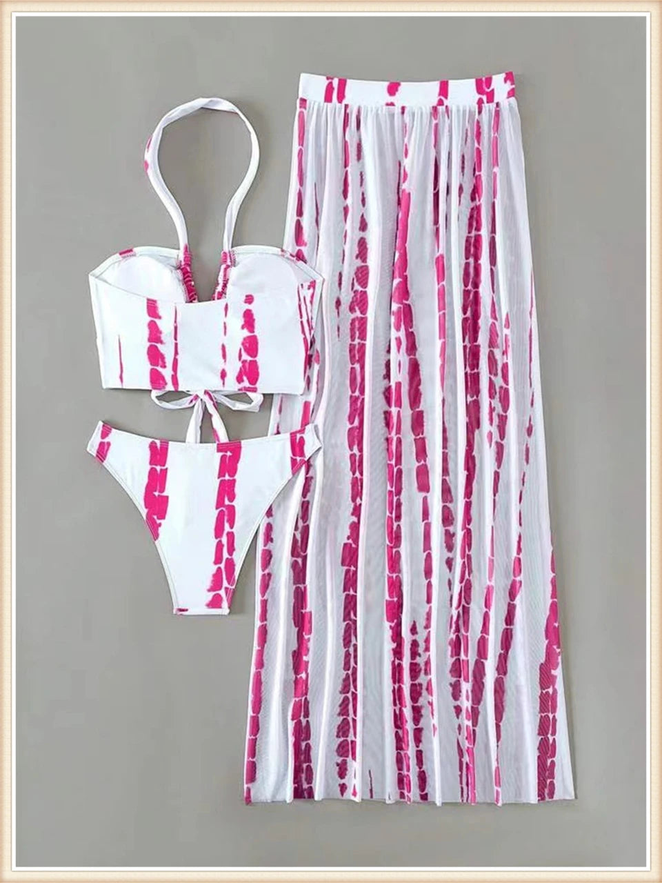 3 Pieces Tie Dye Cross Bikini Women Halter Swimsuit & Cover Up Pants Beachwear