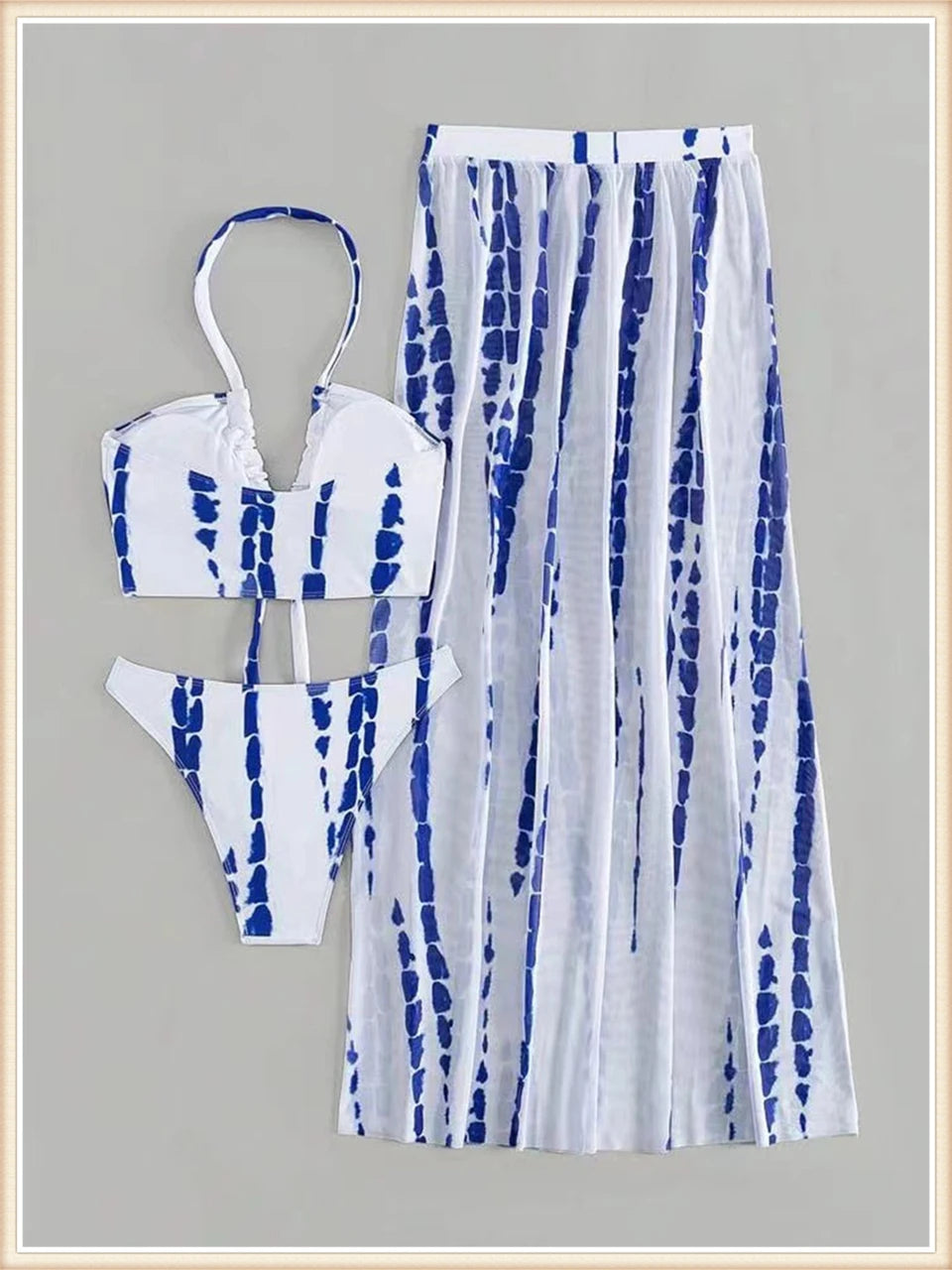3 Pieces Tie Dye Cross Bikini Women Halter Swimsuit & Cover Up Pants Beachwear