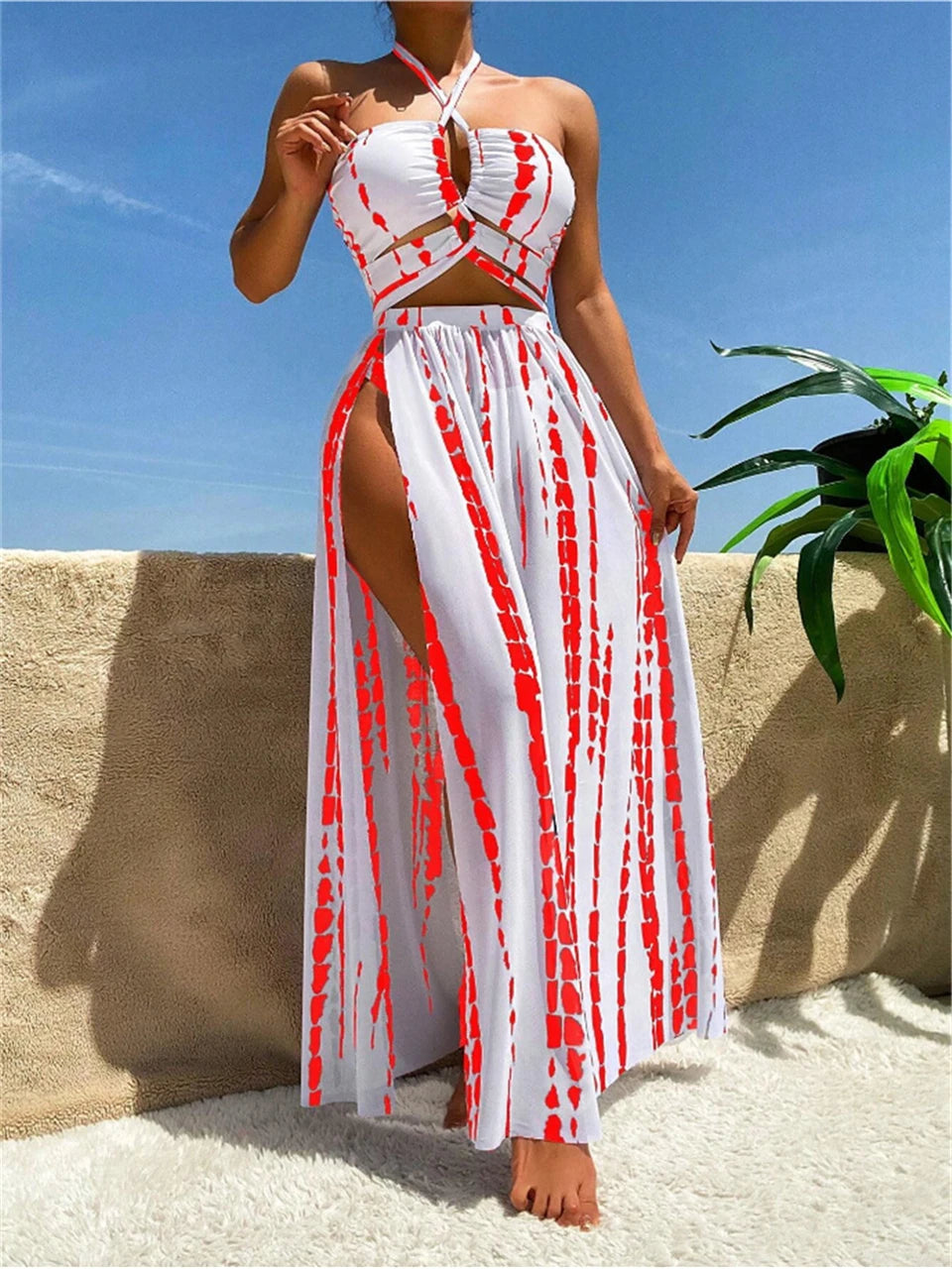 3 Pieces Tie Dye Cross Bikini Women Halter Swimsuit & Cover Up Pants Beachwear