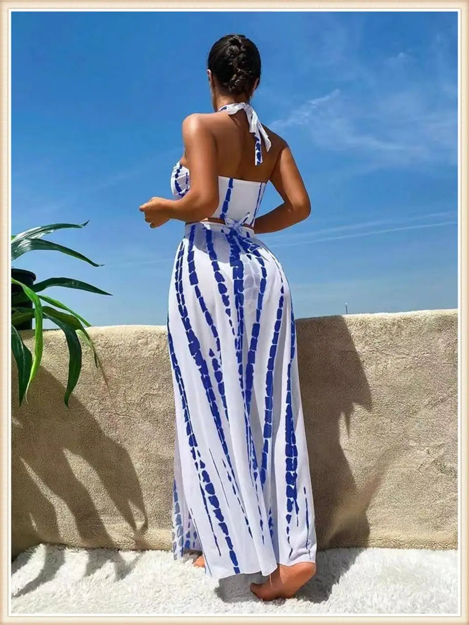 3 Pieces Tie Dye Cross Bikini Women Halter Swimsuit & Cover Up Pants Beachwear