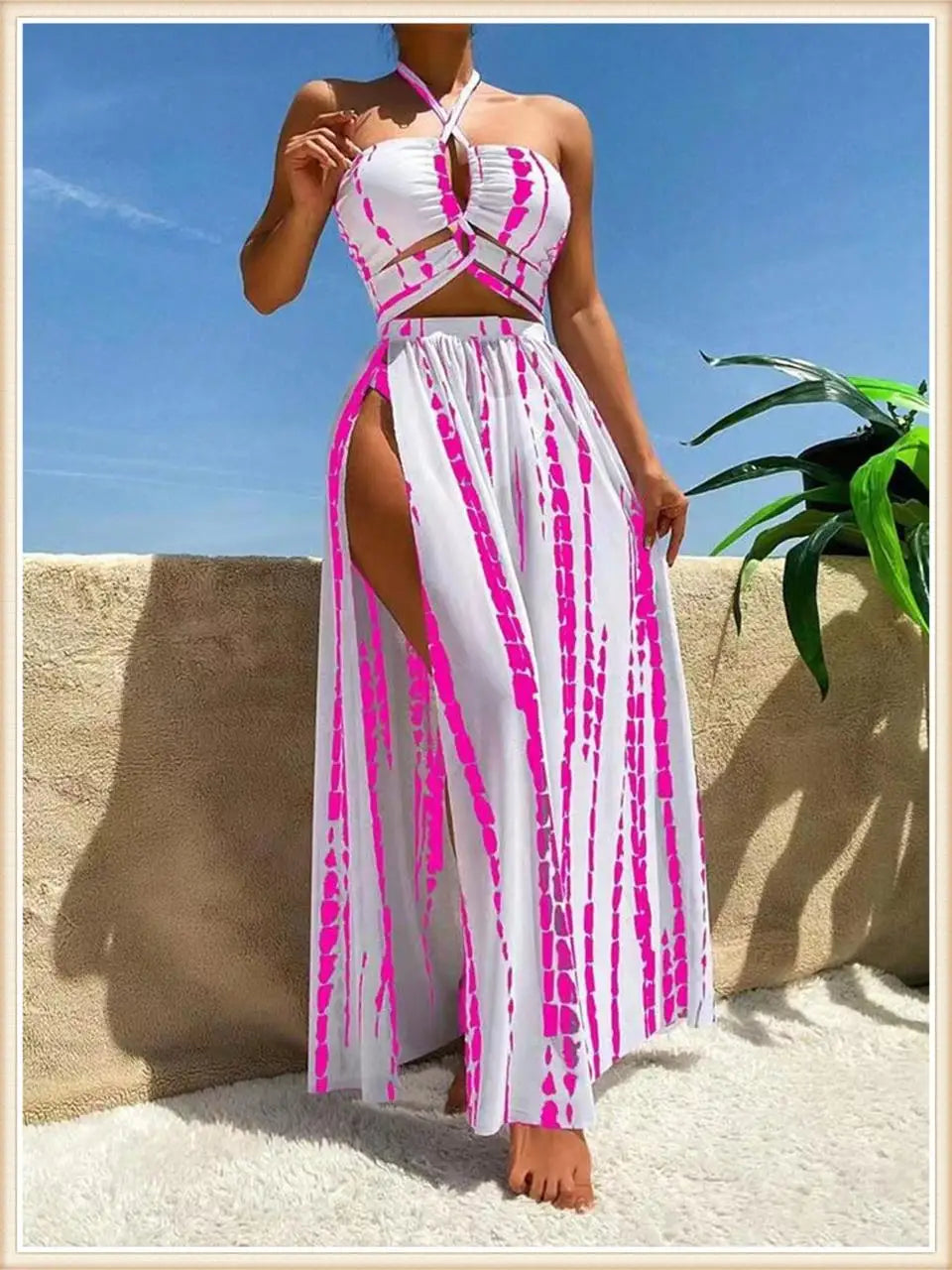 3 Pieces Tie Dye Cross Bikini Women Halter Swimsuit & Cover Up Pants Beachwear