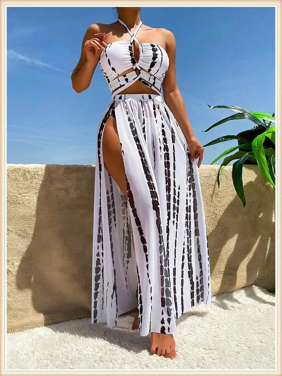 3 Pieces Tie Dye Cross Bikini Women Halter Swimsuit & Cover Up Pants Beachwear