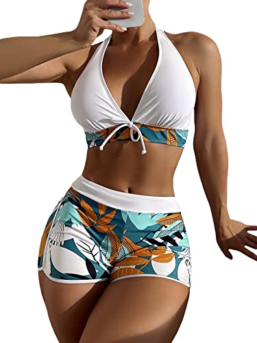 Women's Halter Top Floral Swim Shorts Bikini Set 2 Piece Swimsuit Bathing Suit