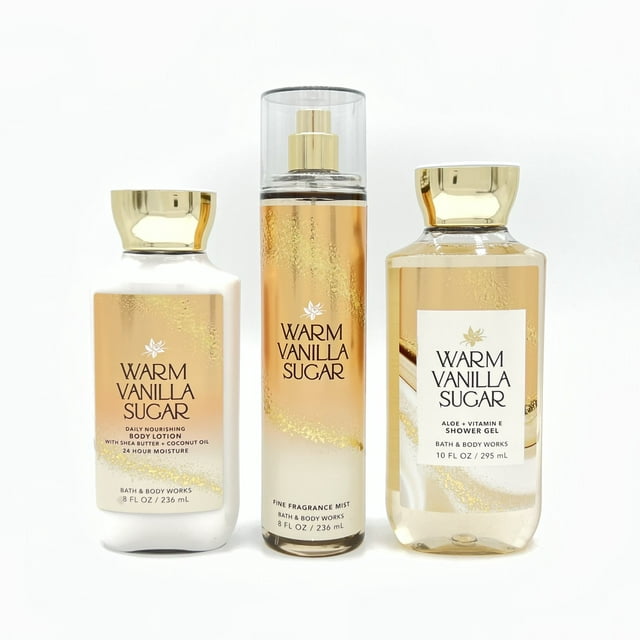 Warm Vanilla Sugar Bath & Body Works 8oz Body Lotion, 8oz Fine Fragrance Mist and 10oz Shower Gel Set