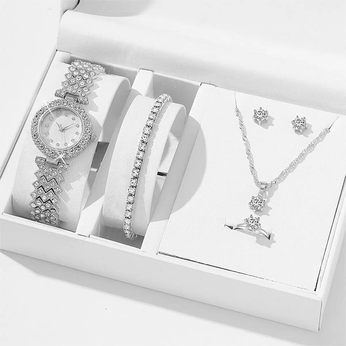 5 Pcs Women Jewelry Set Rhinestone Wrist Watch + Bracelet - Silver