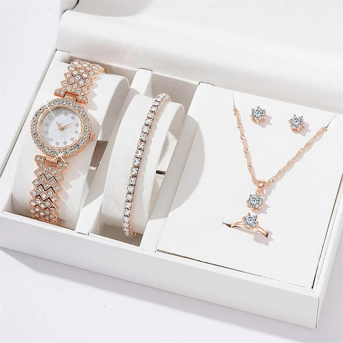 5 Pcs Women Jewelry Set Rhinestone Wrist Watch + Bracelet - Silver