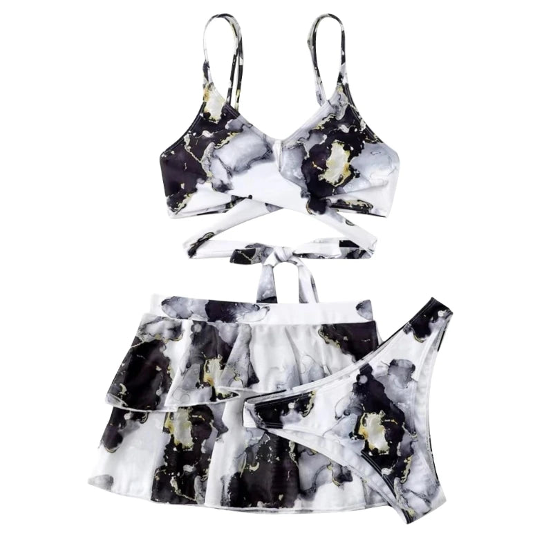 Womens Gradient Print Bikini 3 Piece Set with Beach-Skirt