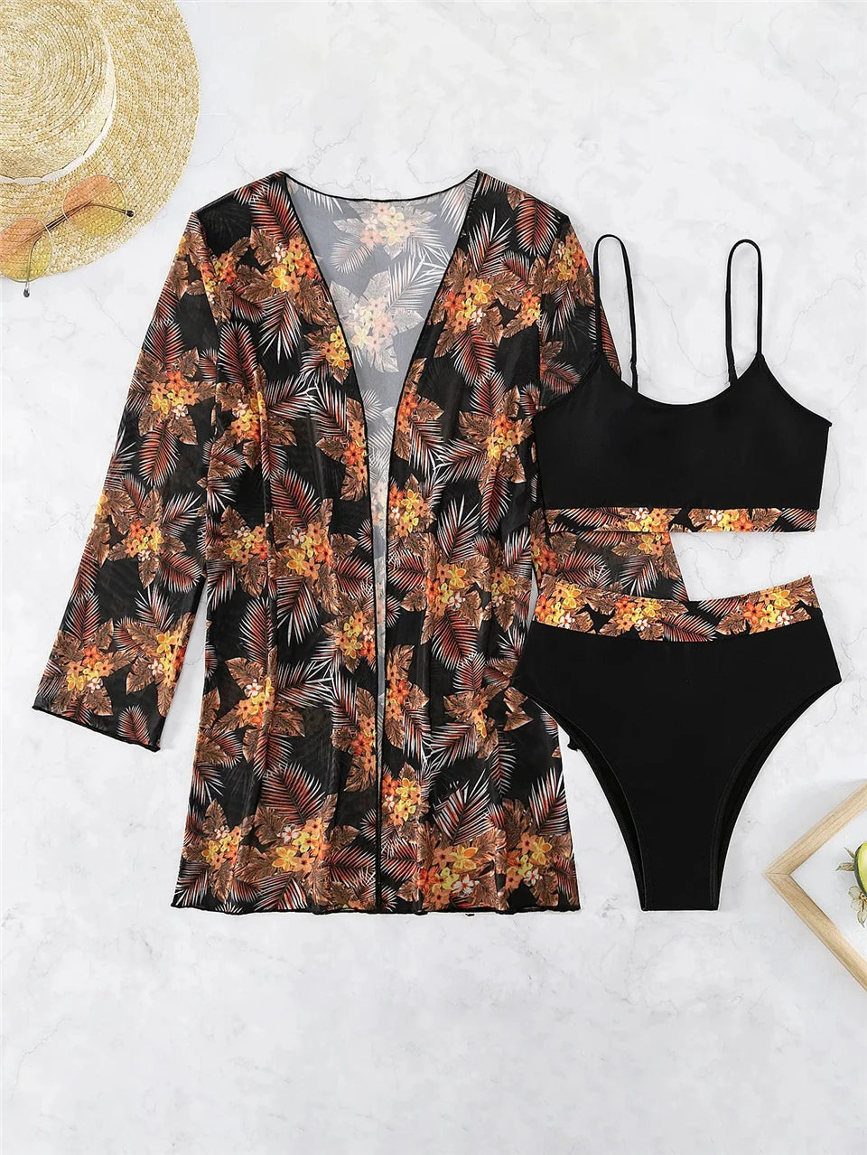 3 Pieces High Waist Bikini Set & Long Sleeve Cover Up Swimsuit Women Print Swimwear