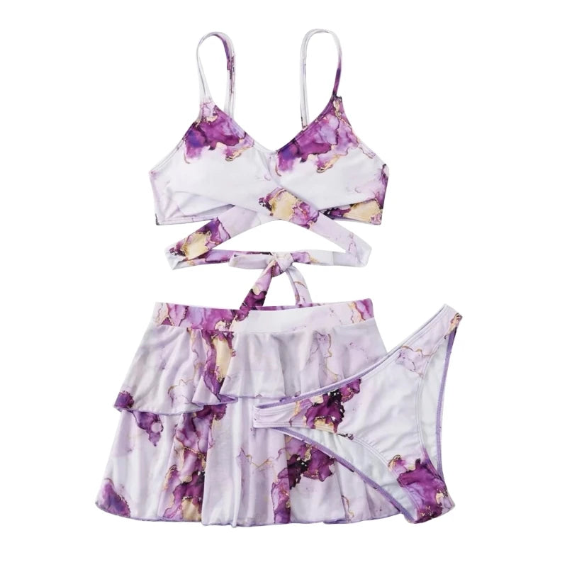 Womens Gradient Print Bikini 3 Piece Set with Beach-Skirt